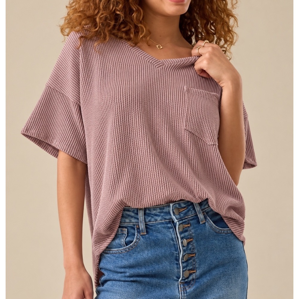 Altar'd State Oversized Mauve Textured V-Neck Pocket Top Size Medium